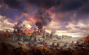 古代武将城墙战火战场绘画图片