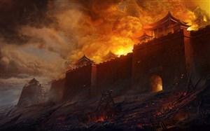 古代武将燃烧的城墙战场绘画图片