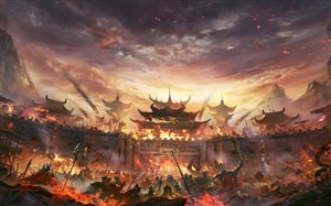 古代武将战场古城沦陷绘画图片