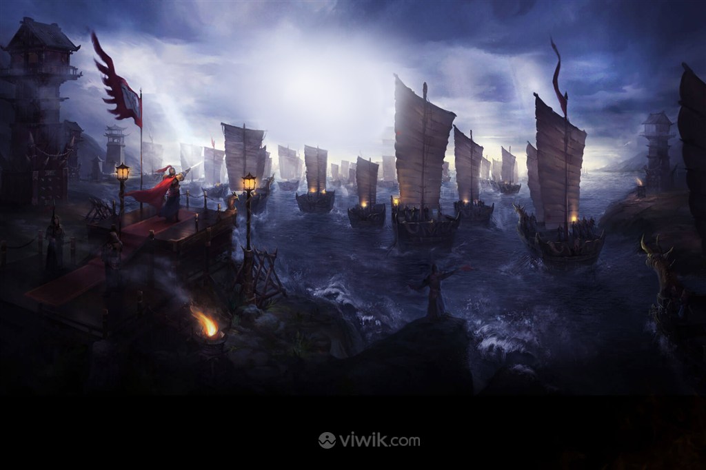 古代武将战船上战场绘画图片