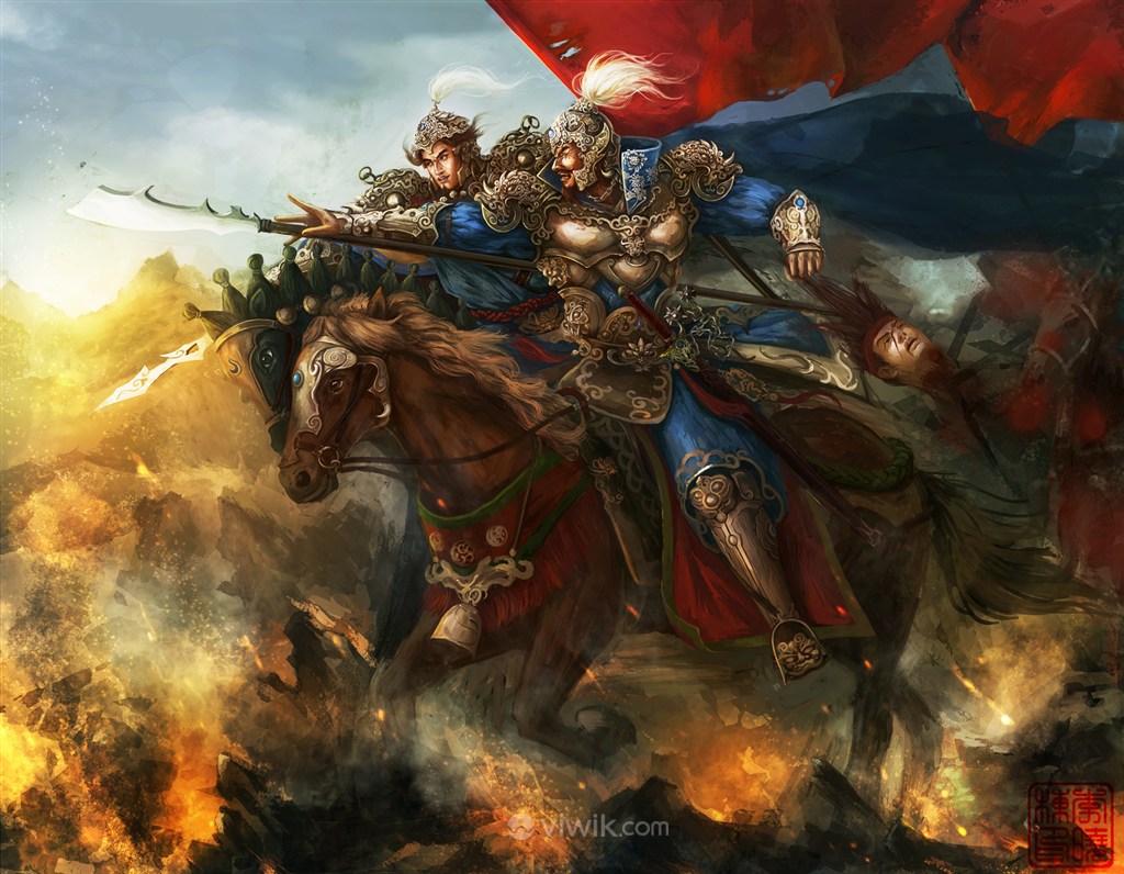 古代双匹宝马武将对战战场绘画图片