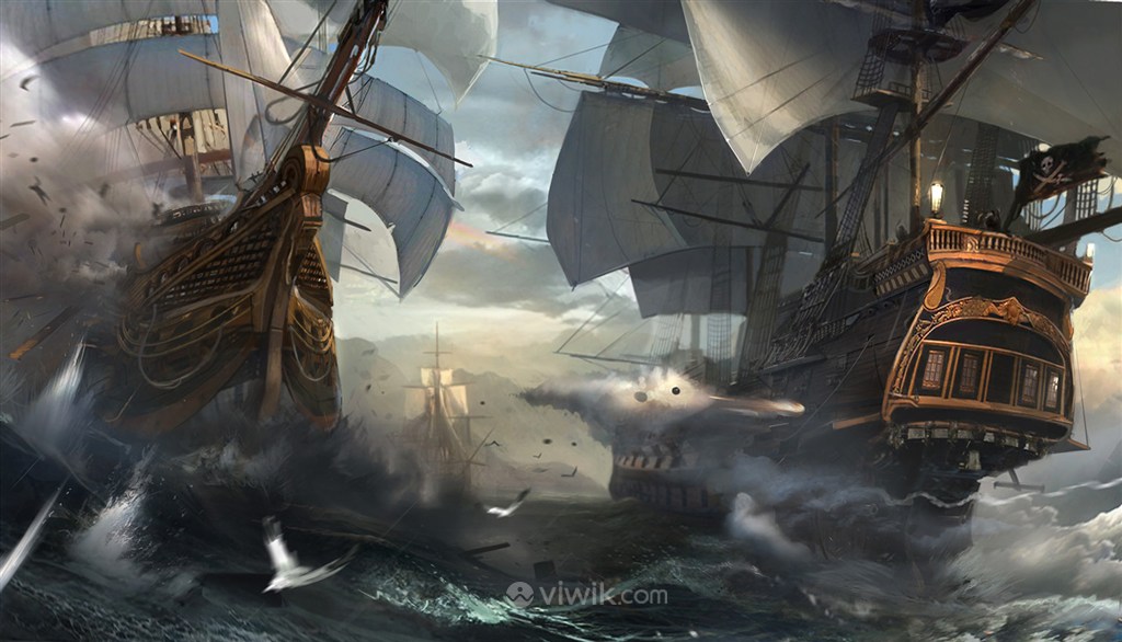 古代武将海上战场船战绘画图片