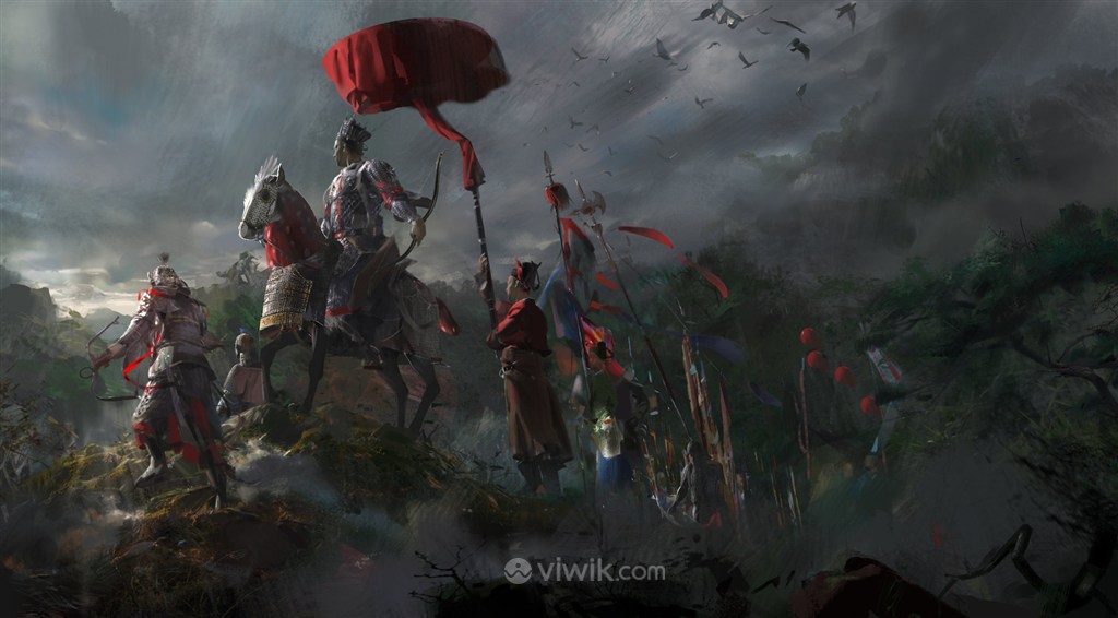 古代红伞武将战场手绘绘画图片