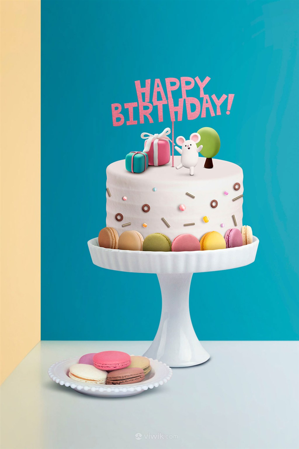 甜宠马卡龙奶油蛋糕生日快乐节日海报模板