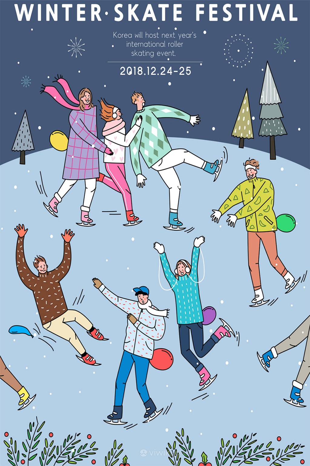 手绘雪地里滑雪玩耍圣诞节海报插画模板