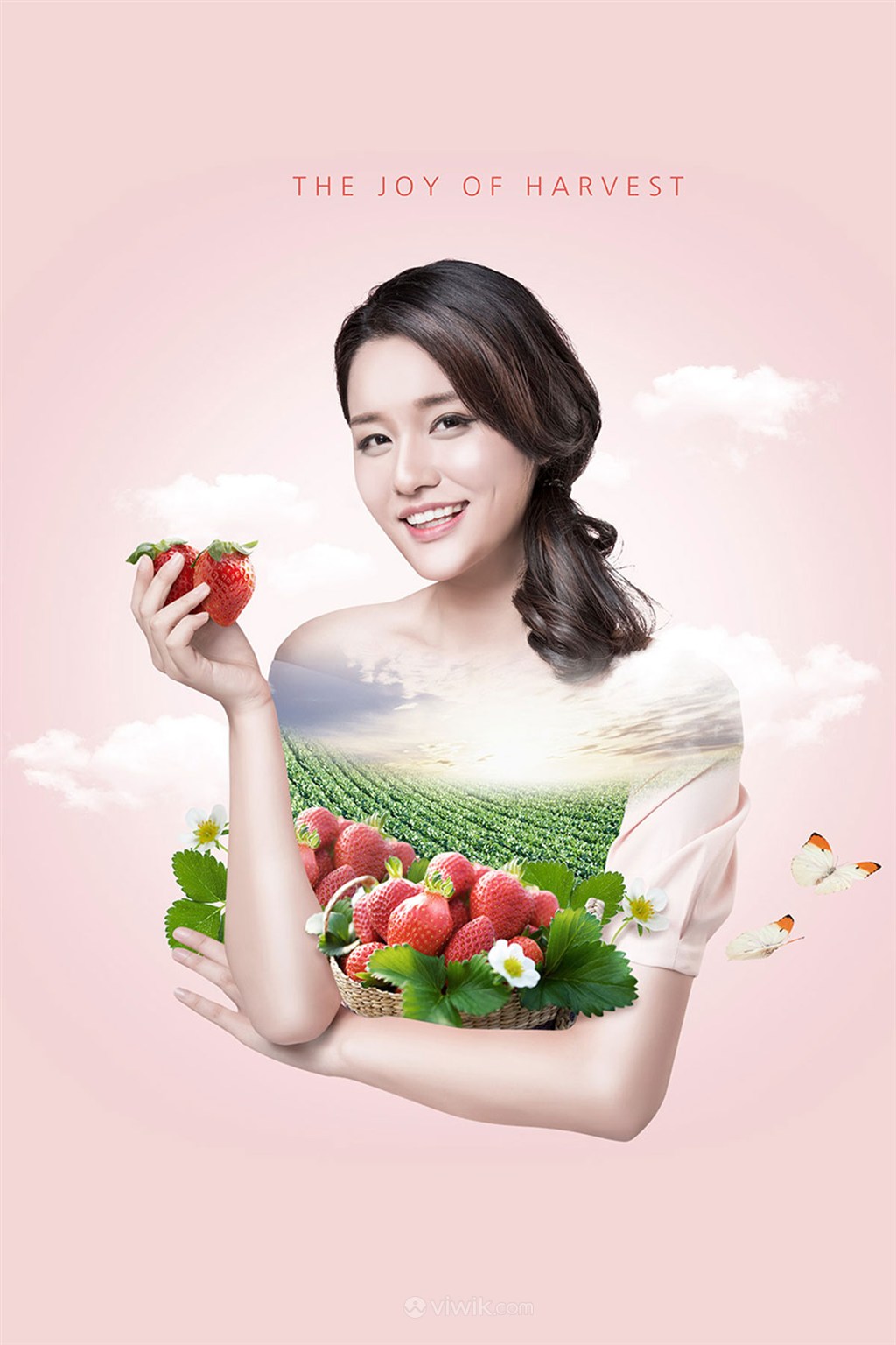 美女捧草莓农场果园丰收创意插画海报模板