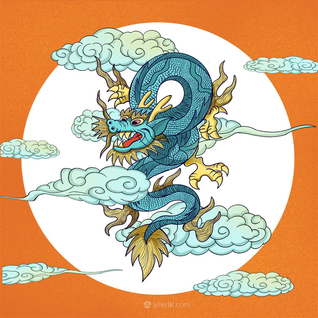 高清手绘中国传统神兽青龙白虎凤凰麒麟插画