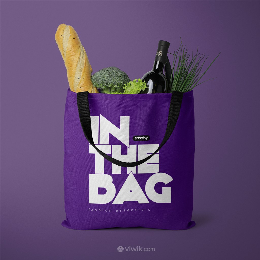 装了法棍和蔬菜的紫色环保购物袋贴图样机