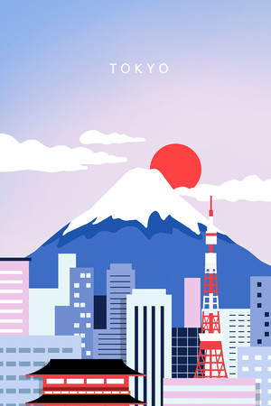 世界著名旅游城市建筑日本風景插畫海報