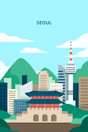 世界著名旅游城市首尔建筑风景插画海报