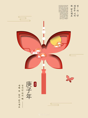 中式古典蝴蝶剪纸风鼠年新年快乐海报