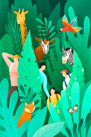 热带雨林动植物乐园风景人物插画海报