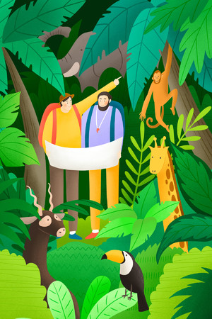 热带雨林旅游风景人物插画海报