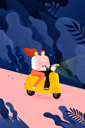 骑摩托的小情侣风景人物插画素材