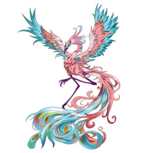 炫彩展开翅膀的凤凰神话动物手绘插画