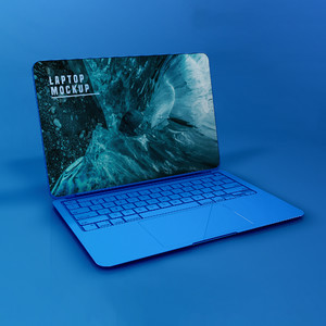 蓝色打开的笔记本电脑贴图样机