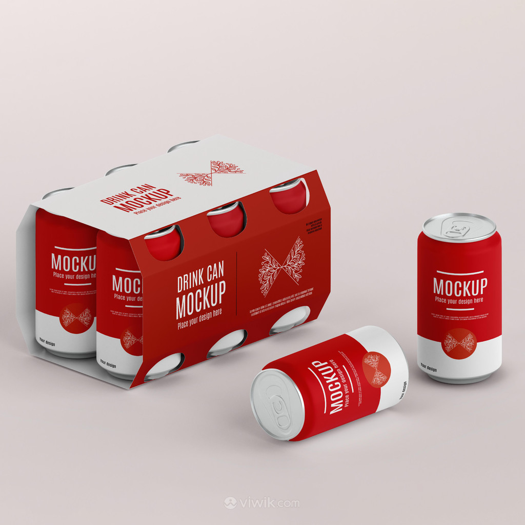 红色饮料啤酒易拉罐包装贴图样机