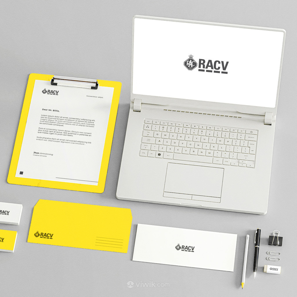 黄色极简企业vi笔记本电脑信封夹板贴图样机