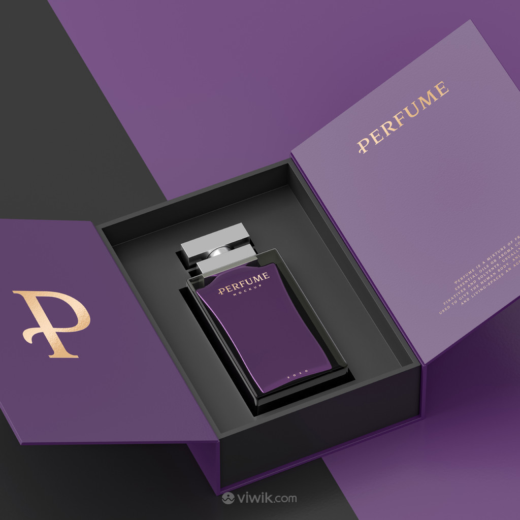 紫色包装盒瓶子香水包装贴图样机