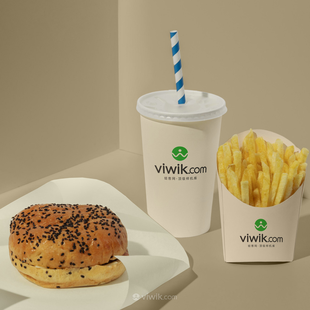 快餐品牌vi饮料汉堡薯条包装贴图样机
