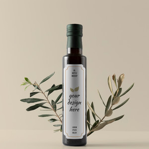 树枝瓶子橄榄油包装贴图样机