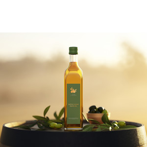 木桶上的瓶子橄榄油包装贴图样机