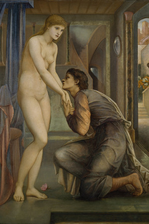 裸体女人单膝跪地的男人人物油画图片