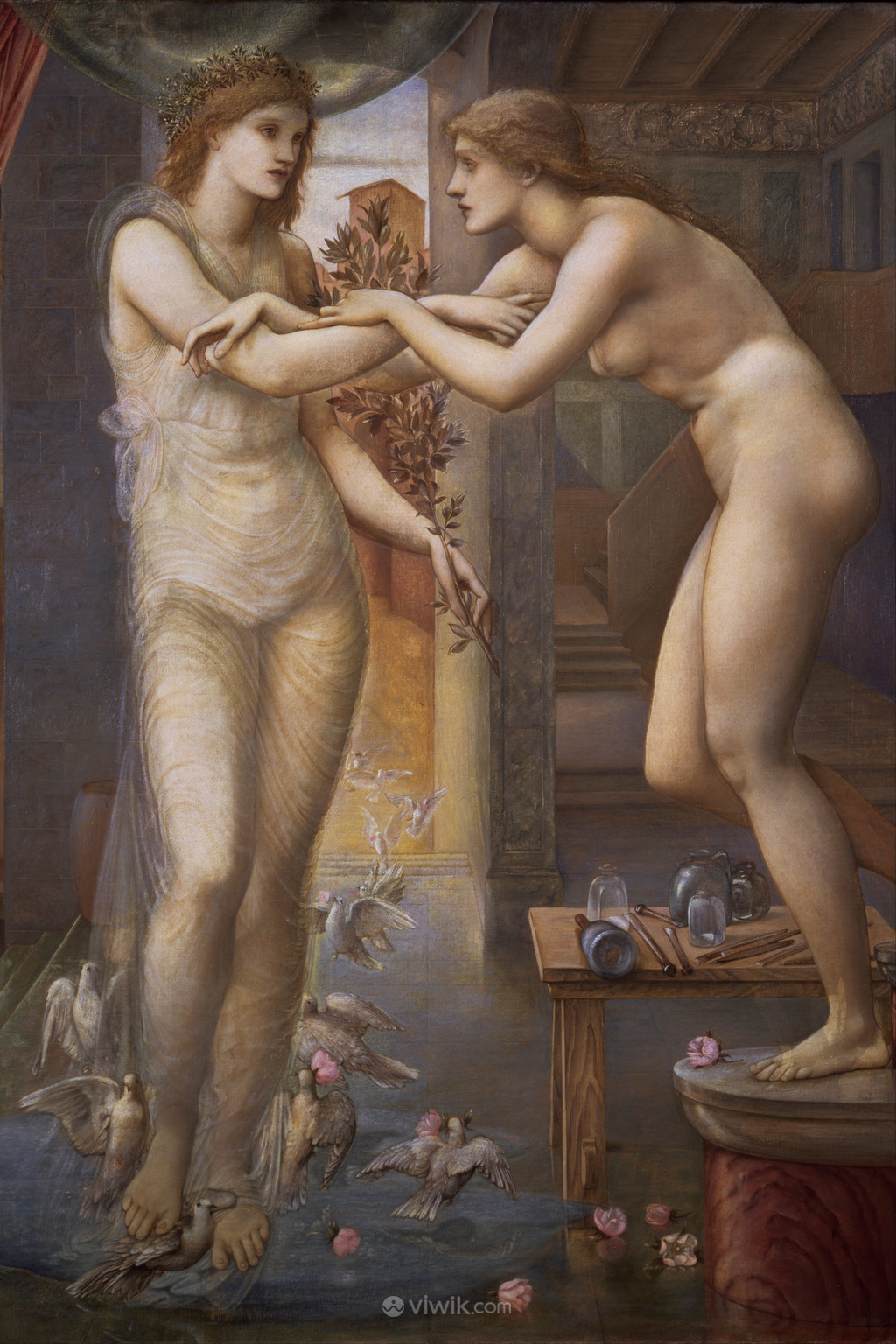 裸体女人和身穿轻纱的女人人物油画图片