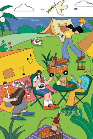 手绘户外露营聚餐旅游插画海报素材
