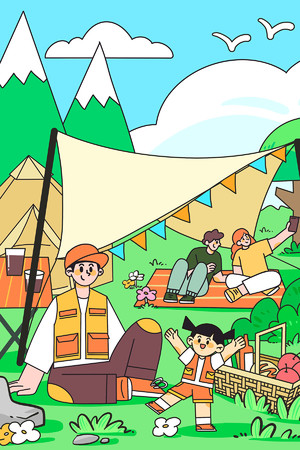 创意手绘野外露营旅游插画海报素材