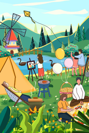 创意手绘野外露营放风筝旅游插画海报素材