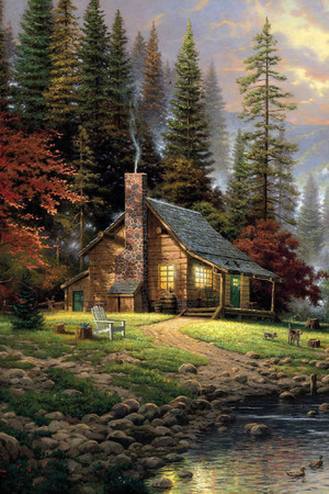 森林里的小房子风景油画图片