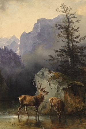 云霧繚繞的山林小鹿風景油畫圖片