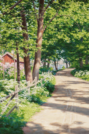 林間小道風景油畫圖片