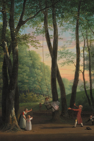 在树林荡秋千的人风景油画图片