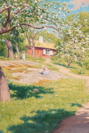 在开满鲜花的树木玩耍的孩童风景油画图片