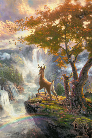天空瀑布懸崖小鹿唯美風景油畫圖片