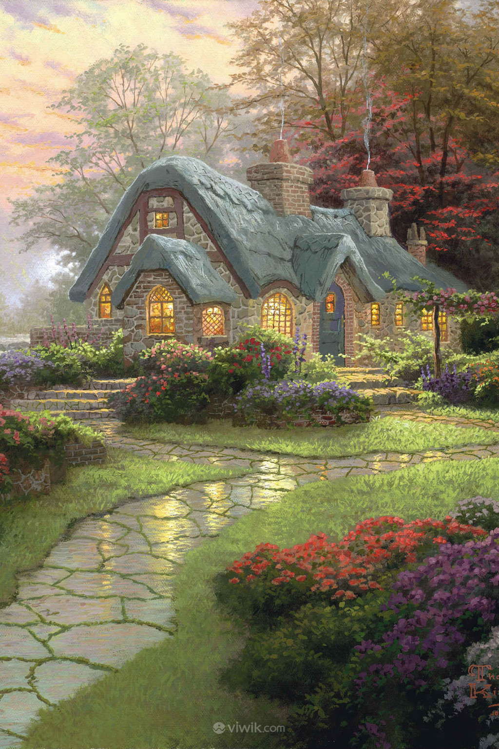 灯火通明的房子花园风景油画图片