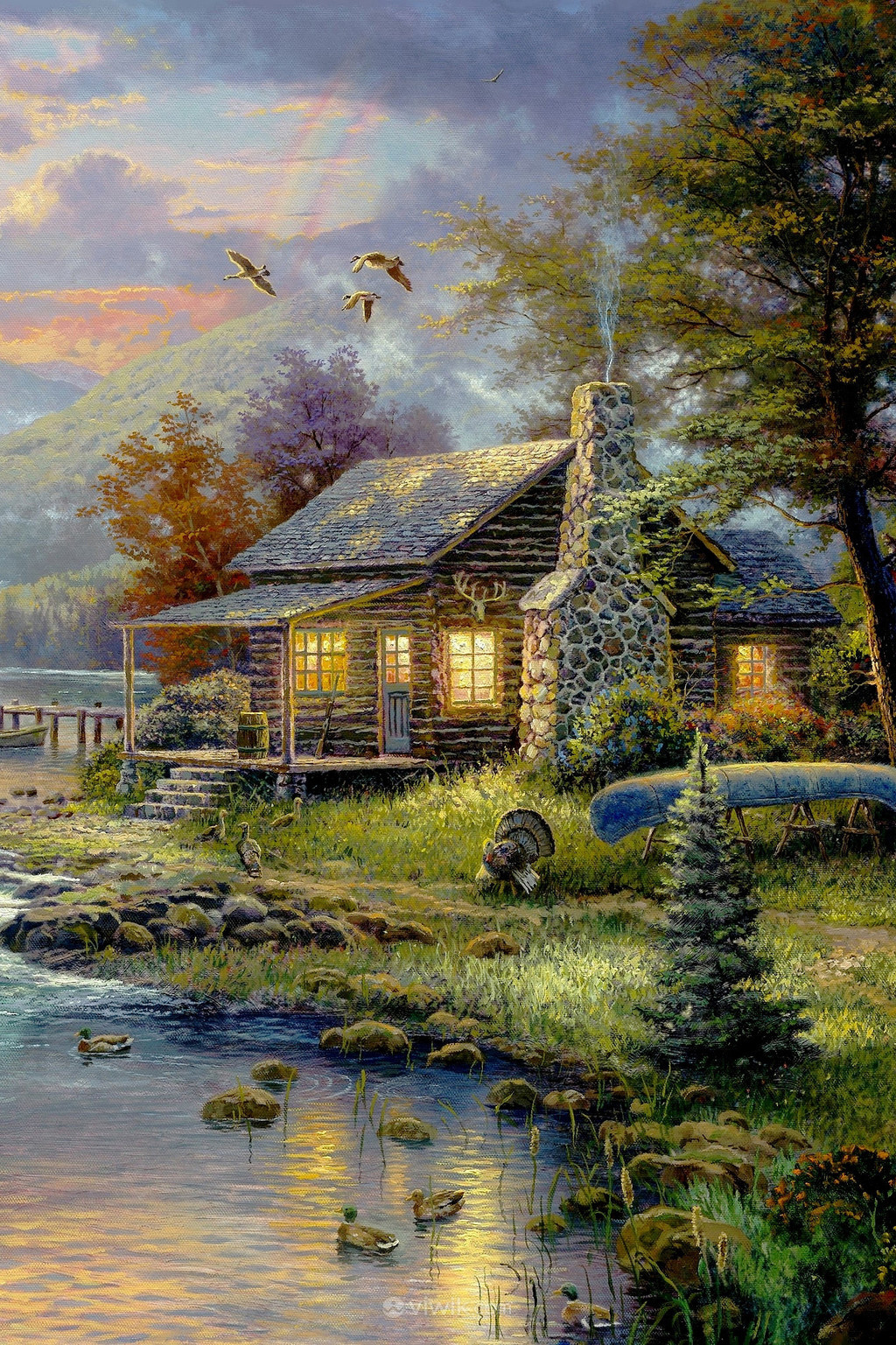 河畔小屋风景油画图片