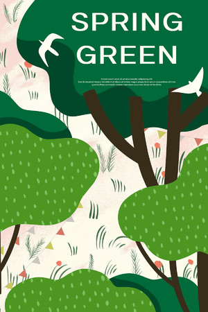 春天户外踏青绿树白鸽风景插画旅游海报