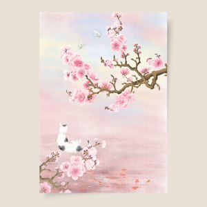 中国风手绘粉色梅花猫咪海报插画素材