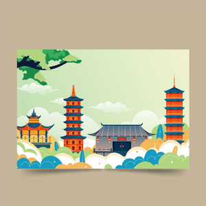 国潮中国风古建筑插画背景矢量图