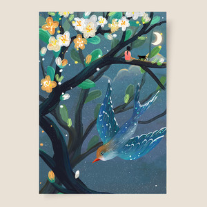 中国风手绘树上小女孩与鸟海报插画素材