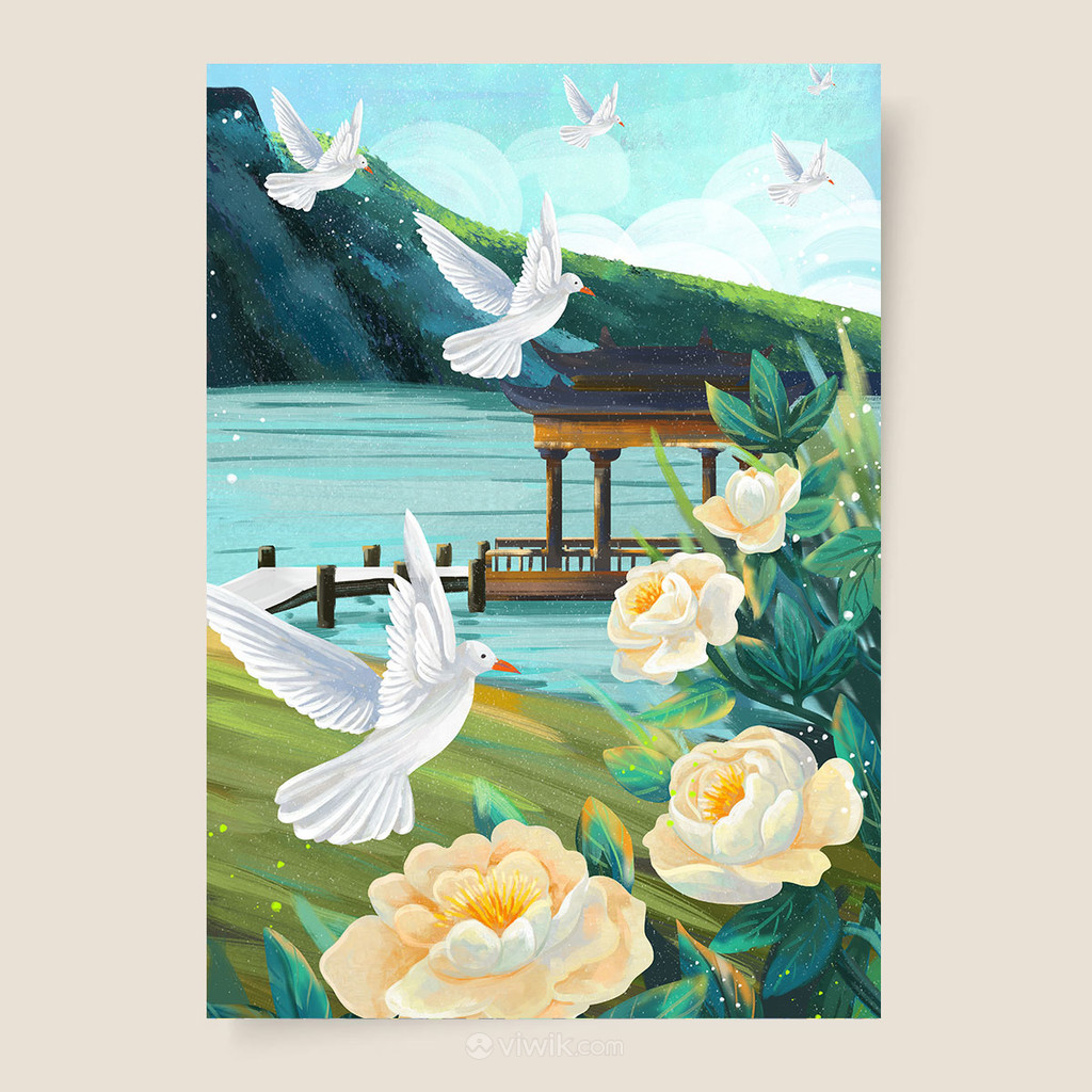 中国风手绘白鸽与花海报插画素材