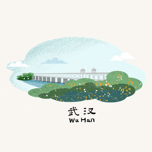 中國城市武漢地標手繪風景插畫素材