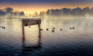 夕阳烟雾笼罩的山水衣架水中的鸳鸯图片