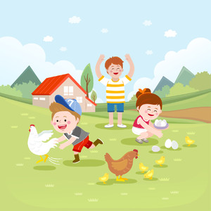 农场里喂鸡的手绘儿童人物矢量素材
