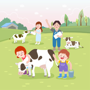 卡通幸福的一家農場擠牛奶矢量素材