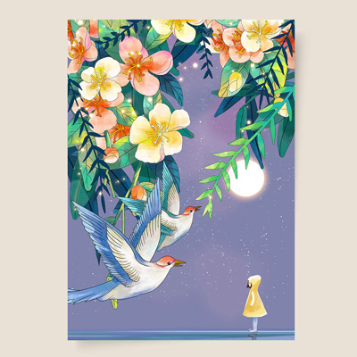中国风手绘花鸟小女孩海报插画素材