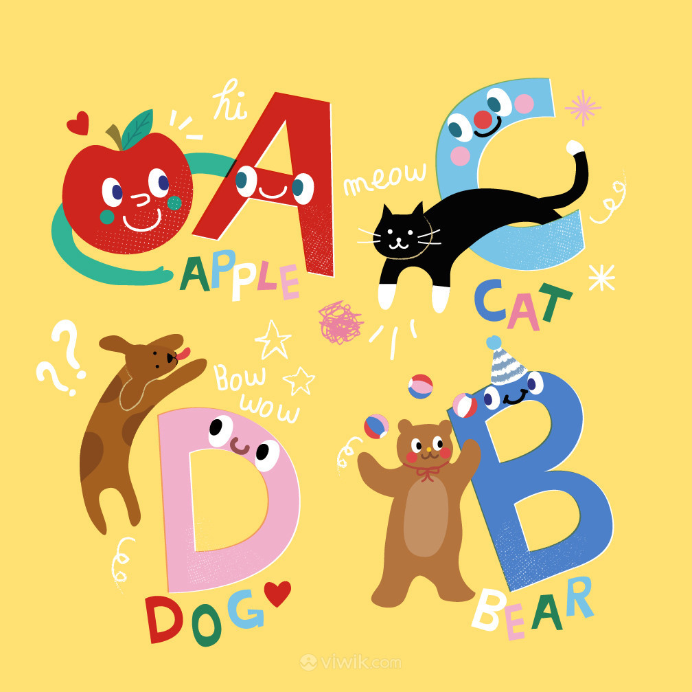 动物英文字母儿童简笔画矢量素材